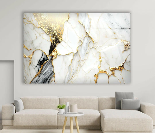 Horizontal rectangular gold and white marble pattern glass printing artwork with intricate cracked shapes.