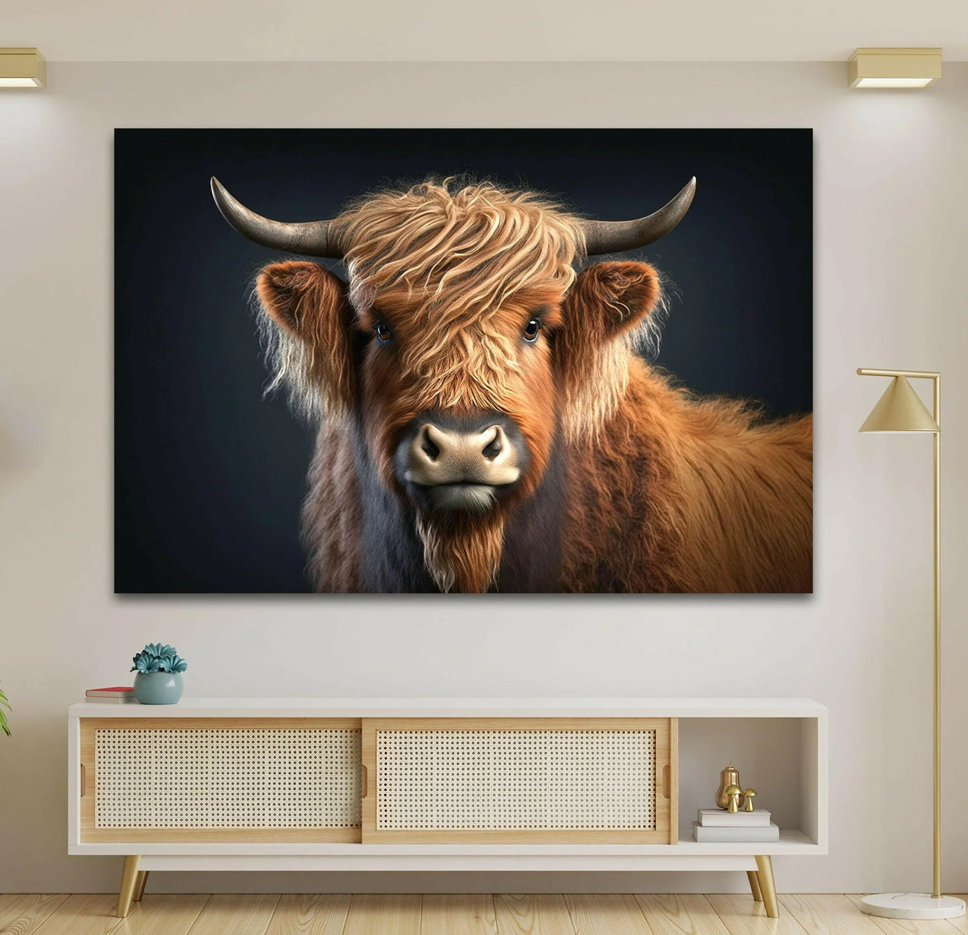 A highland cow's rich brown fur transitions into the dark background in this striking piece of glass wall art decor.