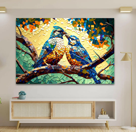 Mosaic of Birds glass wall art featuring two birds on a branch and a bright yellow background makes nature inspired home decor and animal artwork