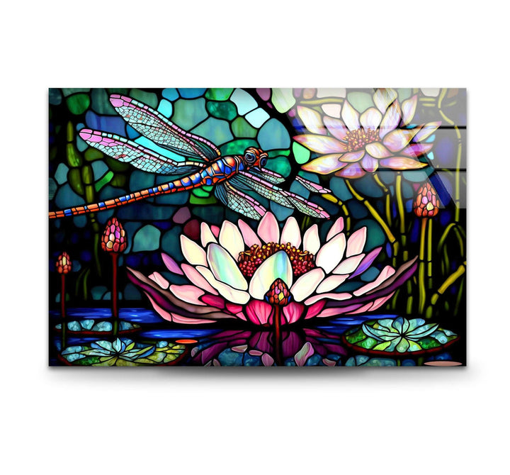 Stained Glass Dragonfly With Flower Glass Wall Art, stained glass wall art, stained glass wall decor