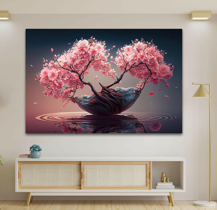 Japanese Abstract Pink Blossom Tree Glass Wall Art, glass art painting, glass art for the Wall