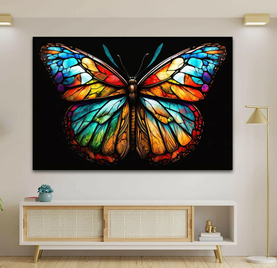 Stunning colored butterfly glass printing showcases a stained-glass-like texture with vibrant hues against a dark background.