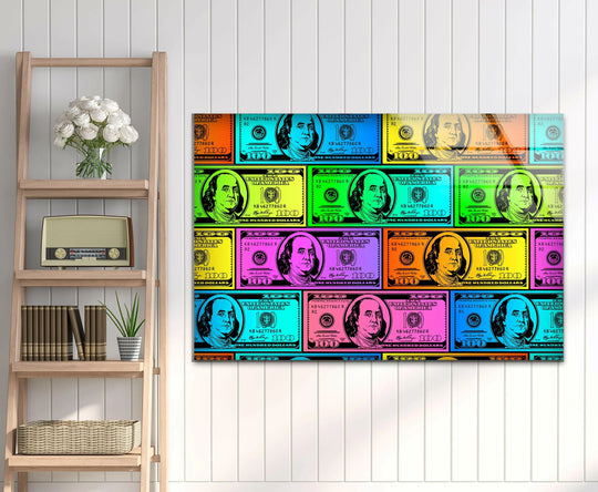 Abstract pop art featuring neon-colored dollar bills showcases the vibrant energy of tempered glass wall art.