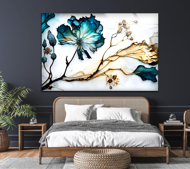 Blue Abstract Flower Glass Wall Art, glass art painting, glass art for the Wall