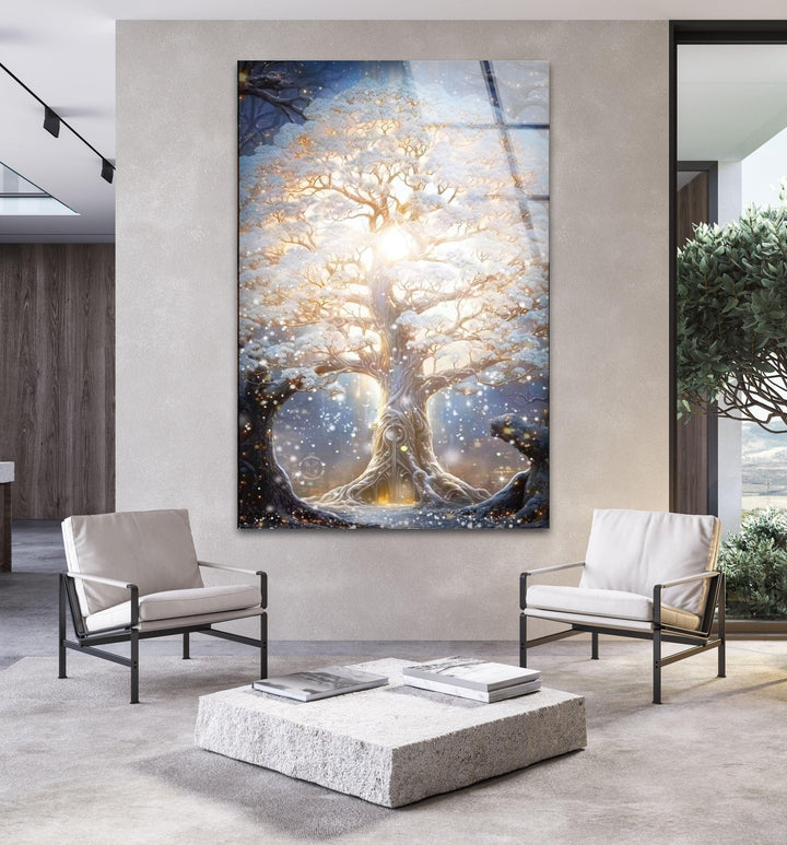 Glowing Blossom Oak Tree Glass Wall Art, custom glass photo prints, large glass prints