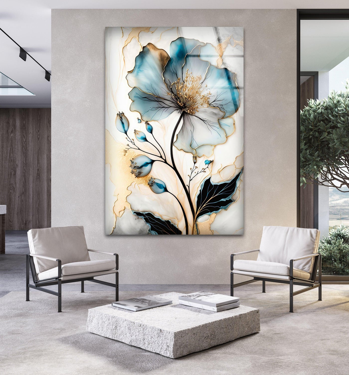 Subtle shadows enhance the ethereal glow of a blue floral oil painting art from glass, highlighting delicate gold accents.