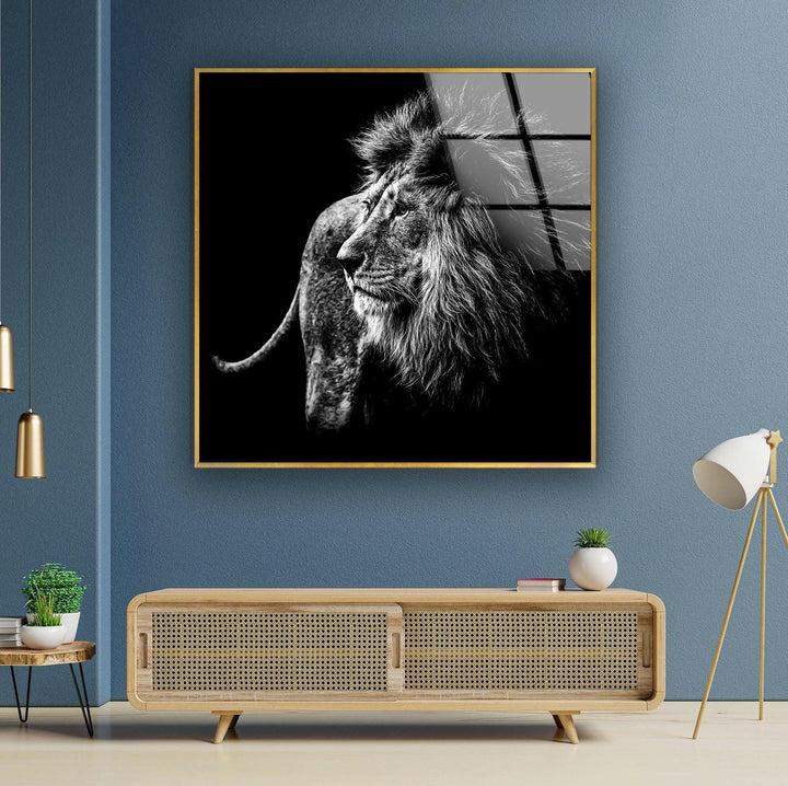 Glass panel artwork of a majestic lion emerging from deep black tones.