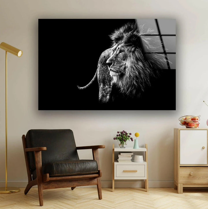 Glass wall art featuring a striking lion silhouette with rich textural detail.