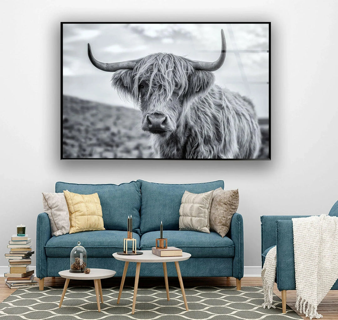 Detailed black and white wall art of a shaggy longhorn Highland cow facing the viewer.