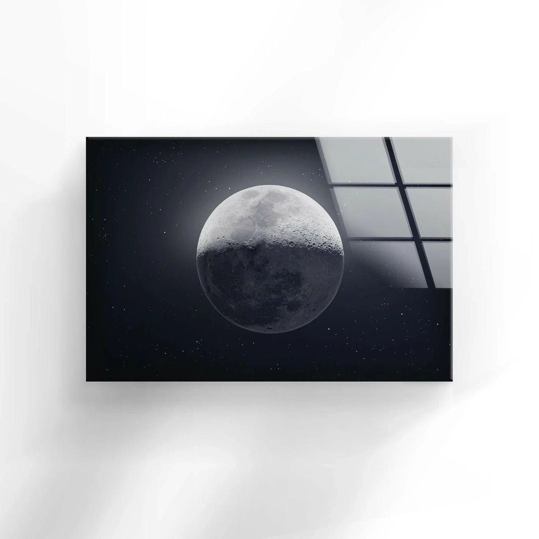 Realistic moon phase artwork floating in a dark star-filled sky on glass wall art.