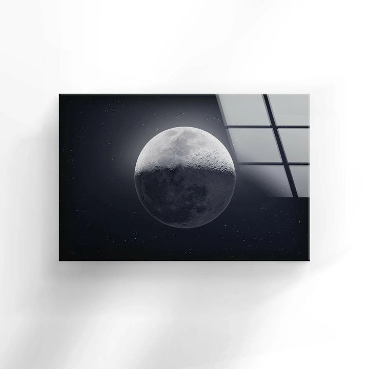 Realistic moon phase artwork floating in a dark star-filled sky on glass wall art.