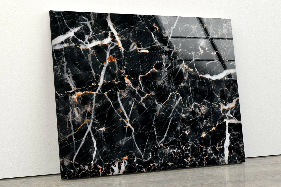 Luxurious marble-inspired glass art with white streaks and dark stone details.