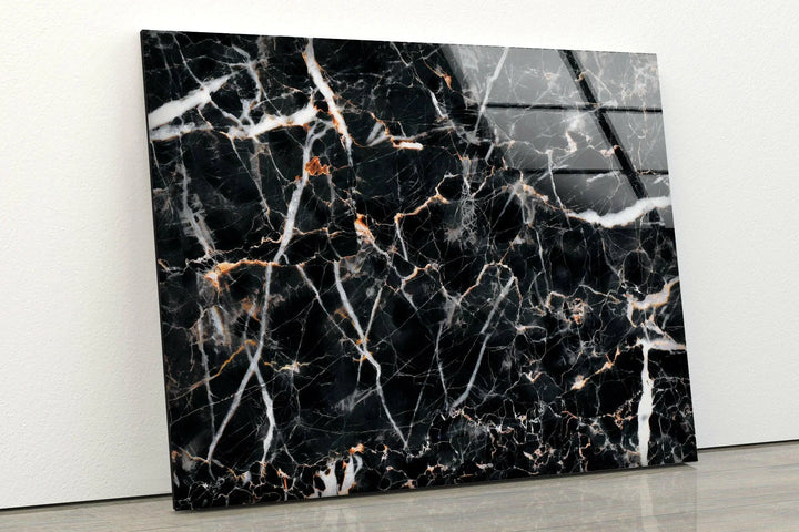 Luxurious marble-inspired glass art with white streaks and dark stone details.