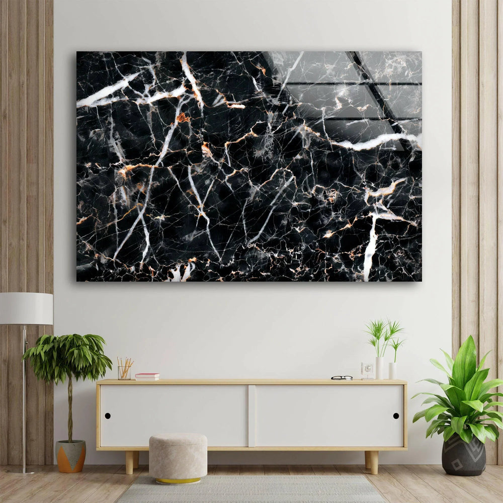 Elegant black marble design with striking white veins printed on glossy glass wall art.