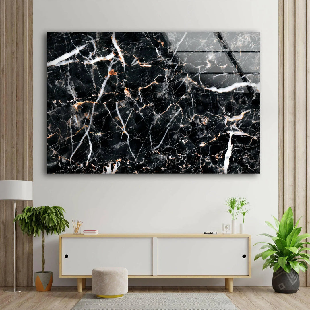 Elegant black marble design with striking white veins printed on glossy glass wall art.