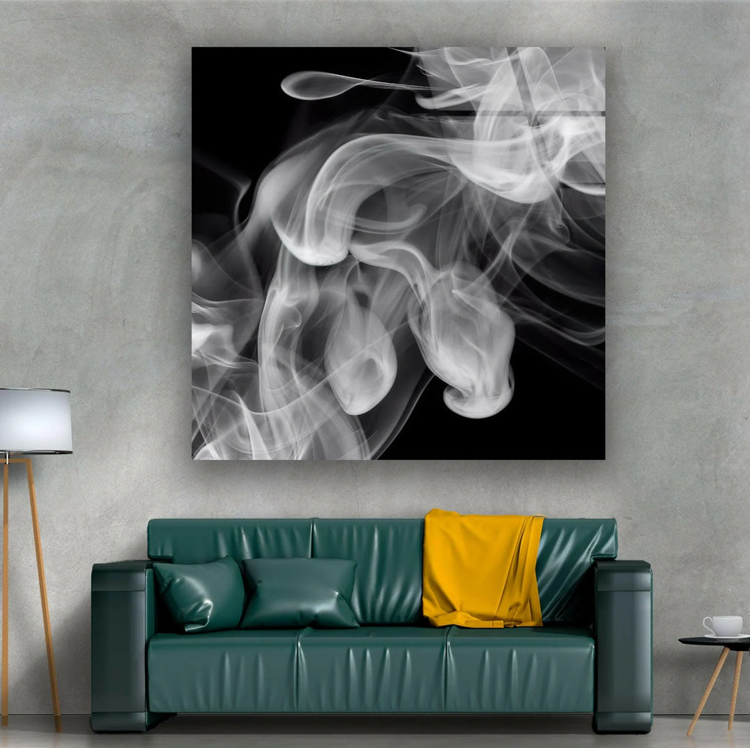 Abstract white smoke motion on a dark background printed on glass for modern black and white interiors.
