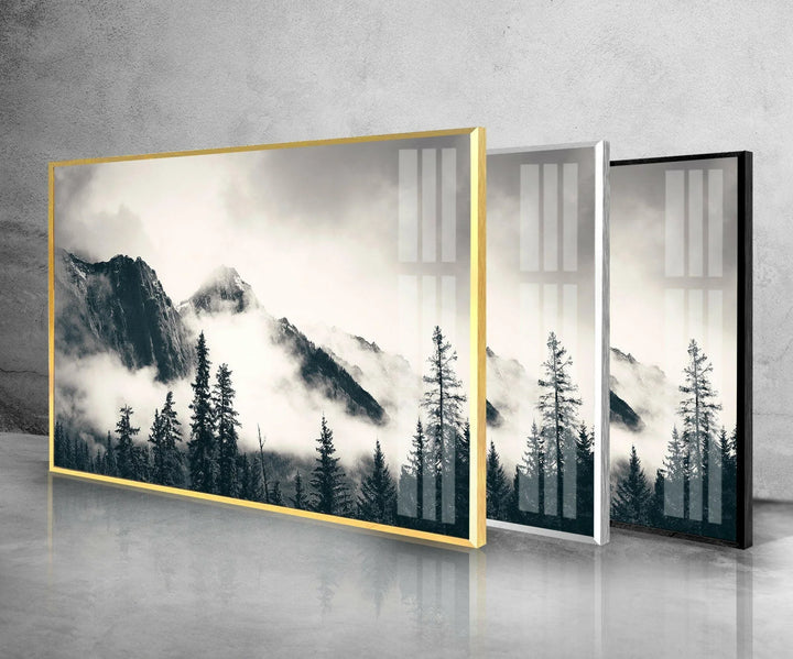 Serene alpine landscape with clouds drifting across rugged peaks on glass artwork.