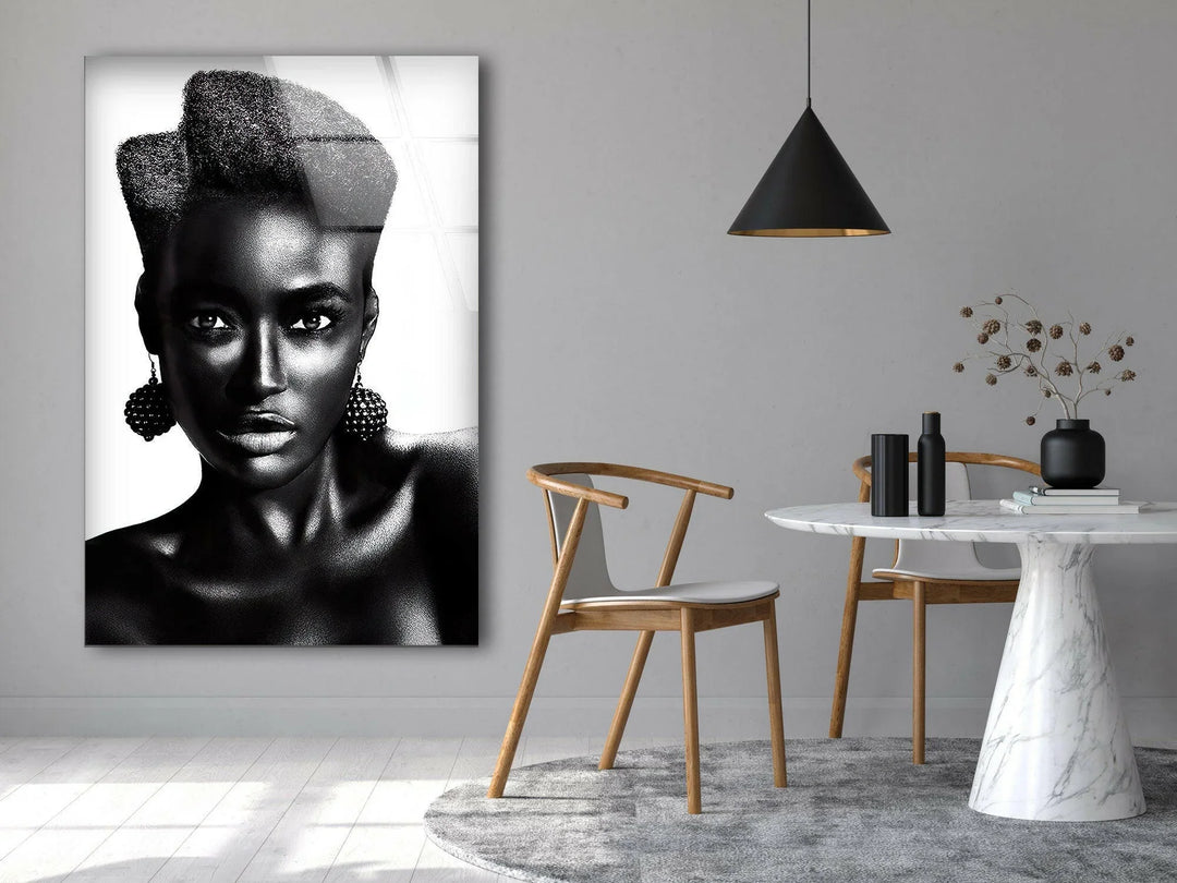 Elegant monochrome portrait of a woman with sculpted afro hair on premium glass wall art.