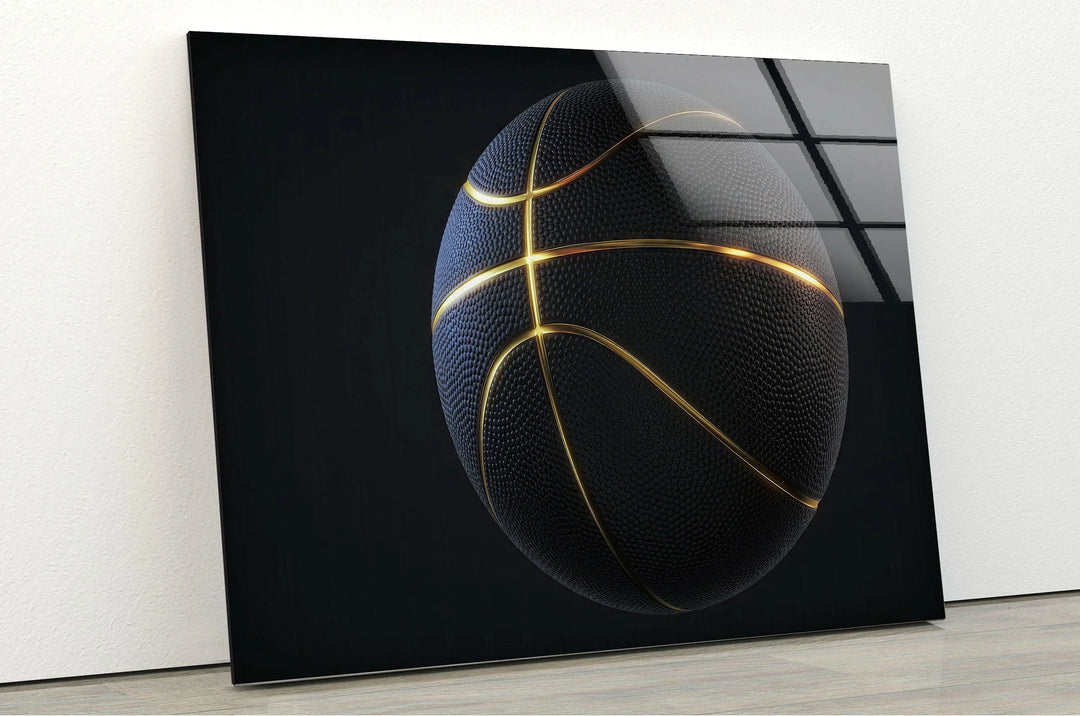 Sleek basketball design with illuminated gold seams printed on glossy glass wall art.