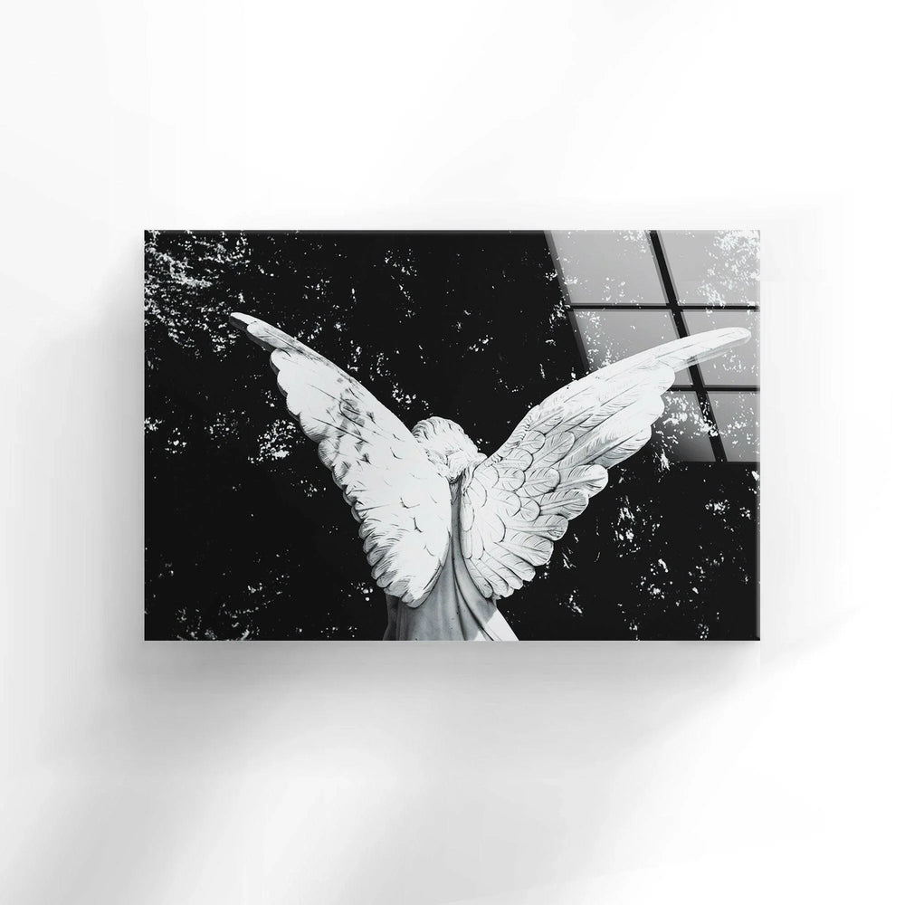 Monochrome angel wing artwork on tempered glass showing a back-facing angelic figure with detailed feathers.