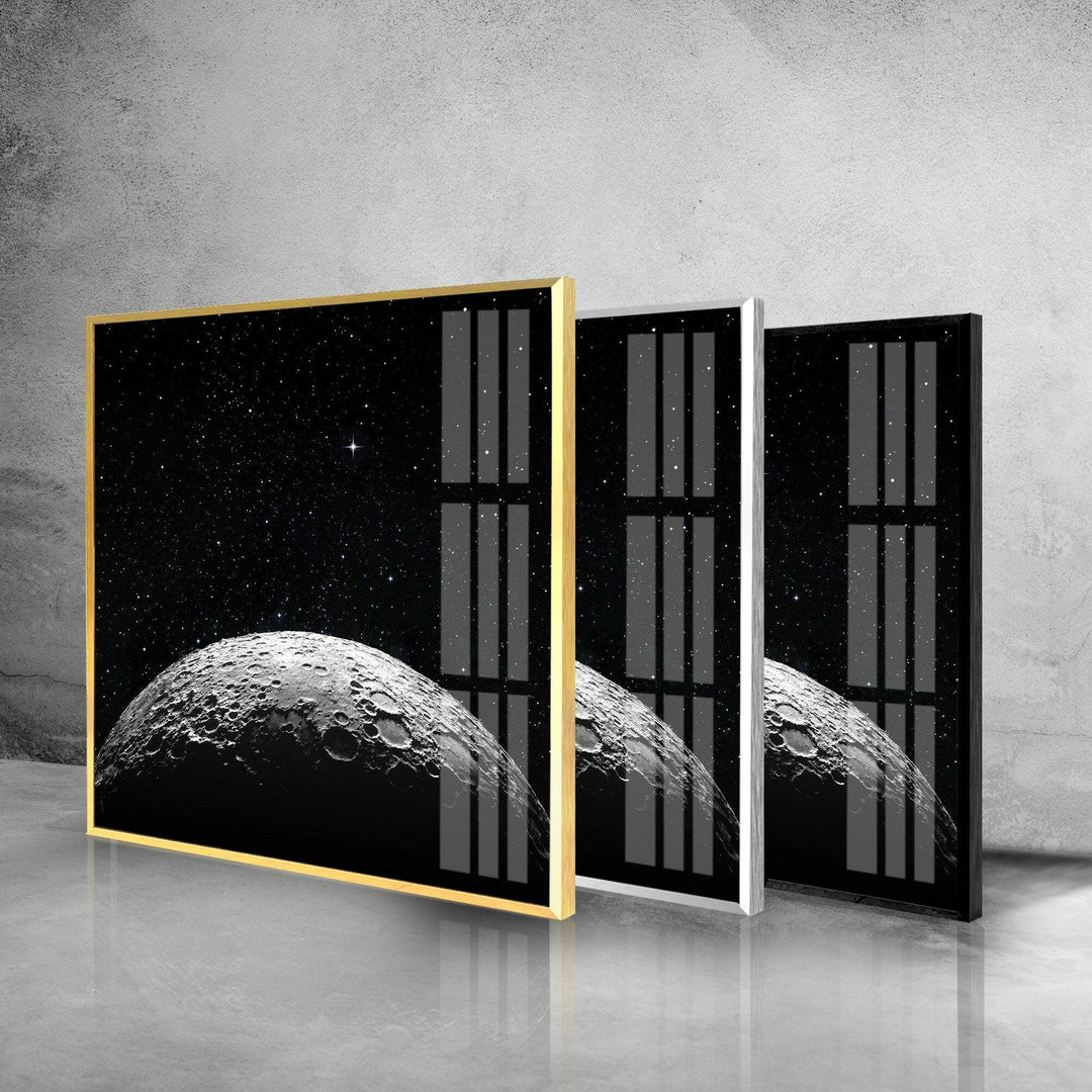 Textured moon terrain illuminated softly against a vast starlit sky on glass wall art.