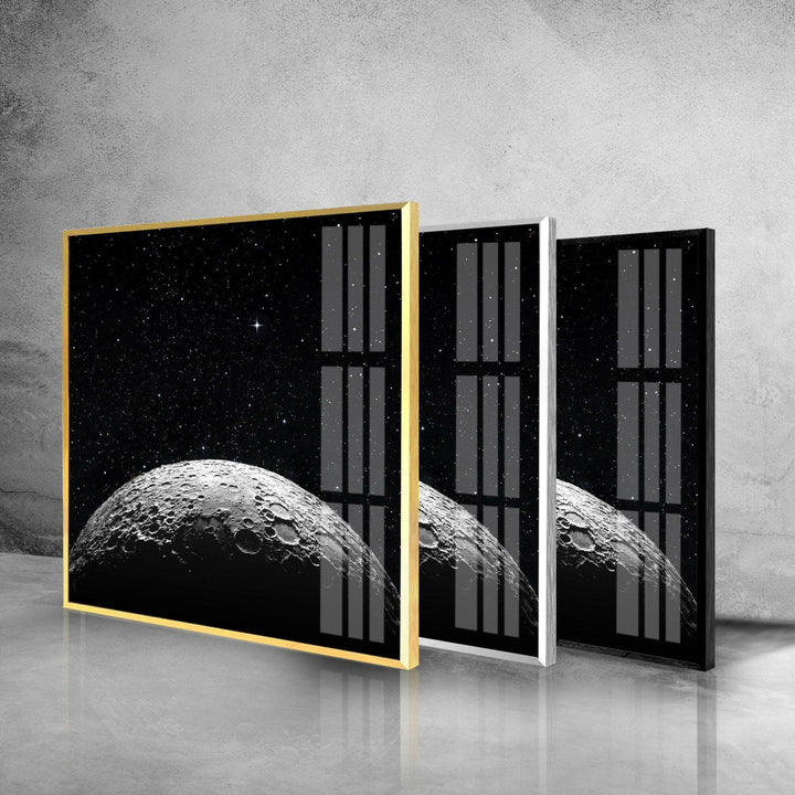 Textured moon terrain illuminated softly against a vast starlit sky on glass wall art.