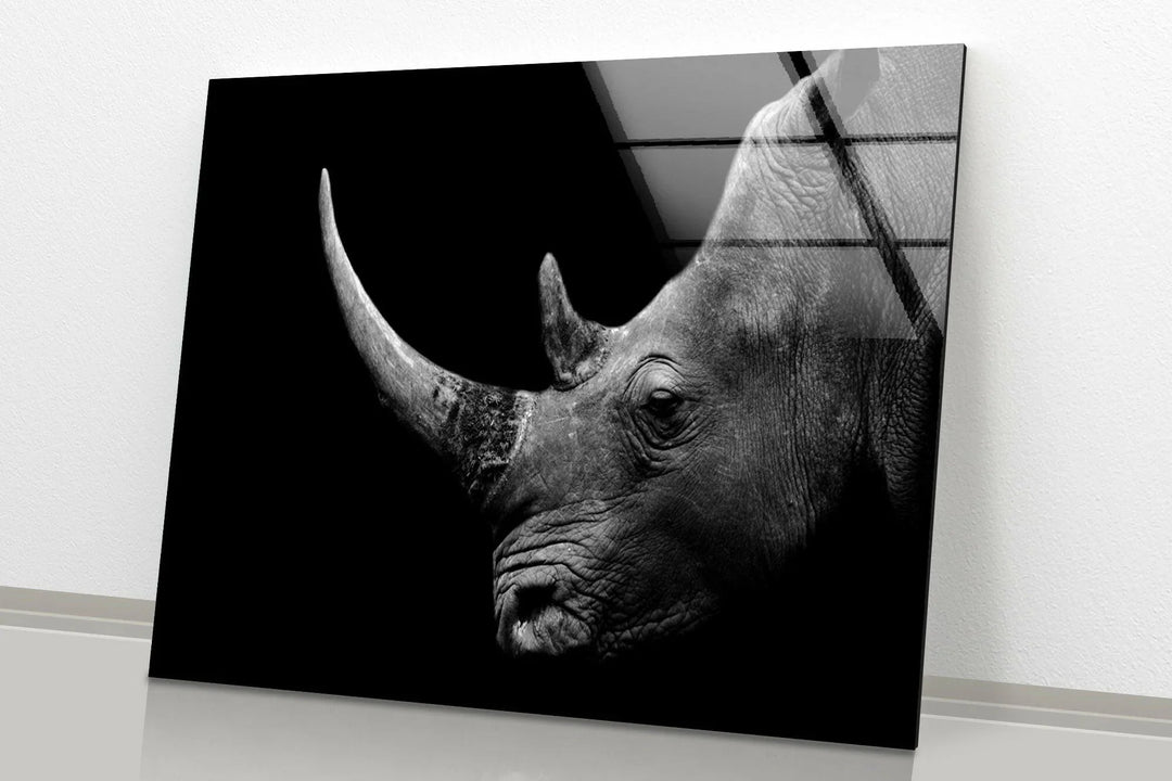 Monochrome glass artwork showing a detailed rhino head with prominent horn in dramatic contrast.