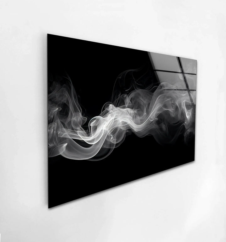 Glass panel artwork with elegant flowing smoke creating airy abstract patterns.