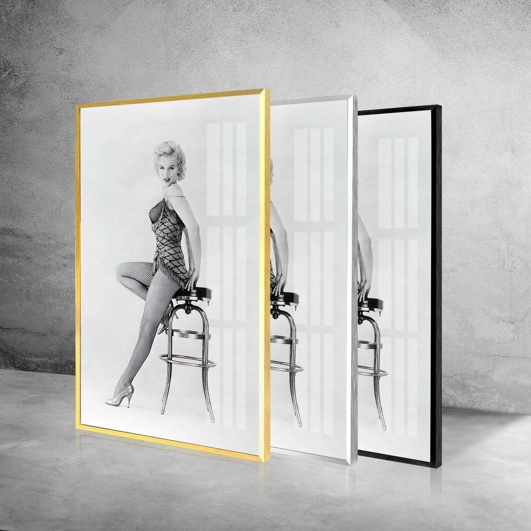 Black and white Marilyn Monroe print emphasizing classic Hollywood charm and elegance.