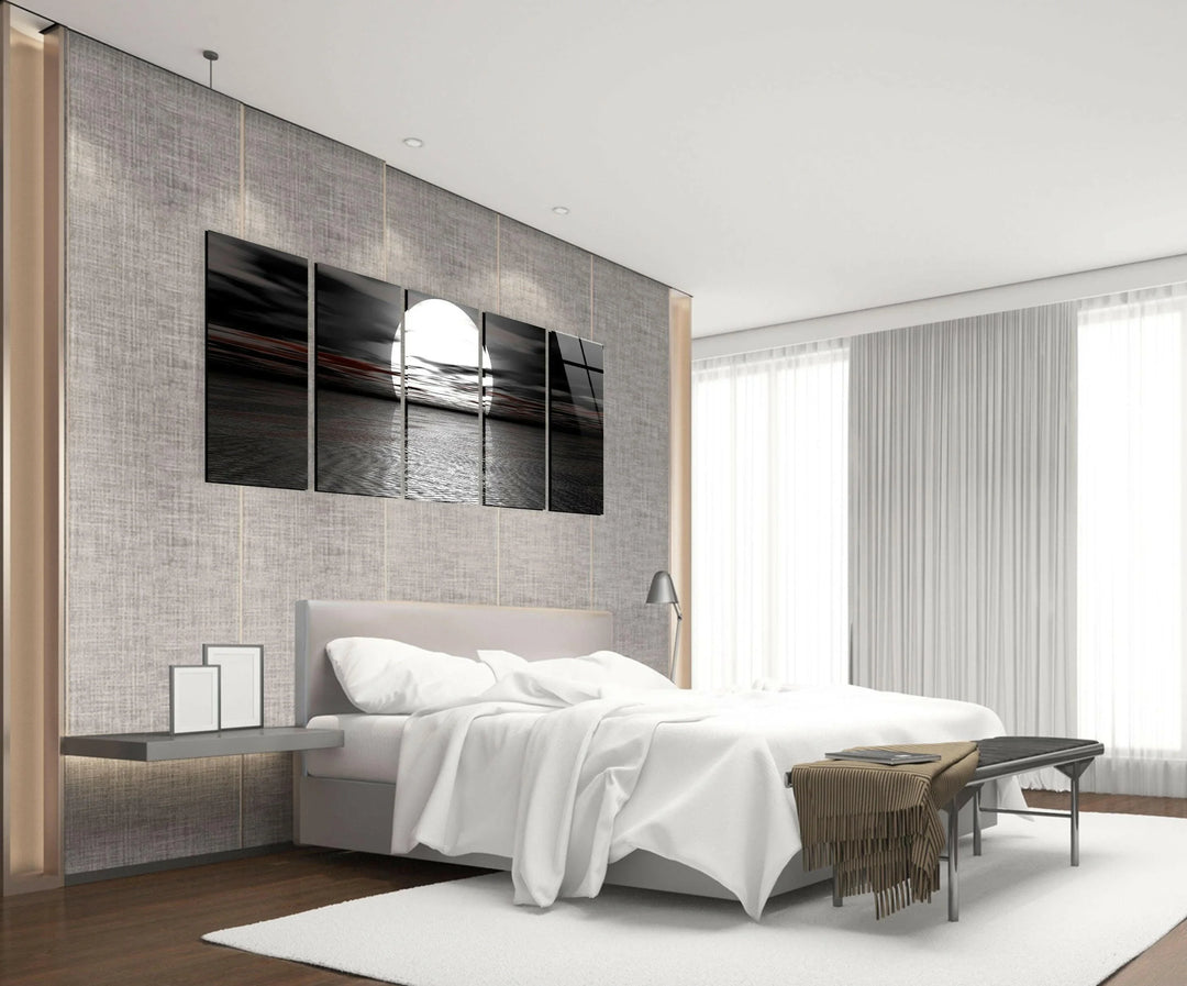 Atmospheric moonlit ocean scene printed on sleek glass wall art.