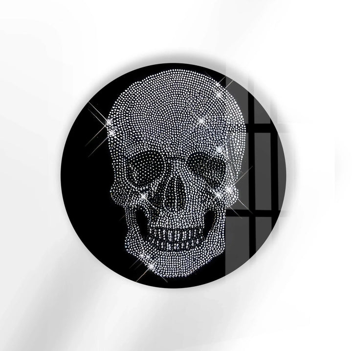 High-contrast grayscale skull design with glitter-inspired sparkling effects printed on glass.