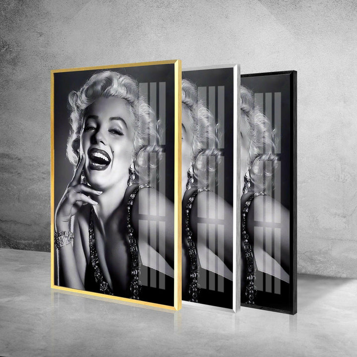 Retro-style black and white portrait printed on glass featuring a laughing elegant woman.