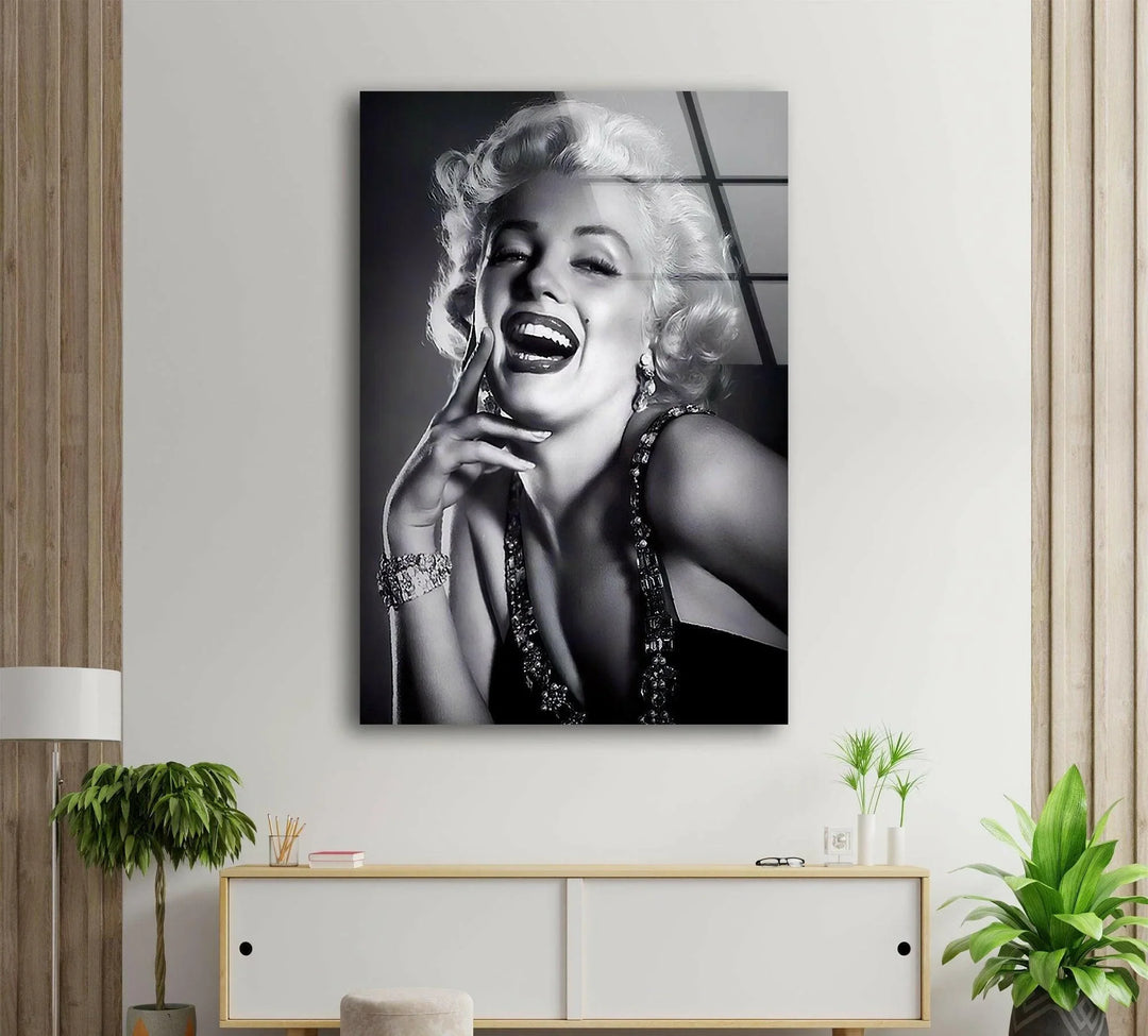 Marilyn Monroe Grayscale artwork depicting an elegant woman laughing, styled in retro glamour fashion.