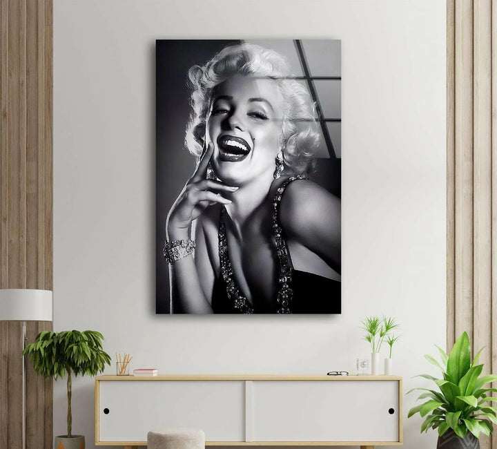 Marilyn Monroe Grayscale artwork depicting an elegant woman laughing, styled in retro glamour fashion.