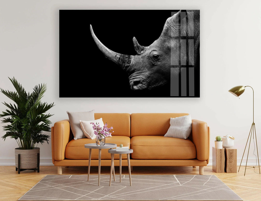 Monochrome wildlife decor showing a rhino’s profile with sharply defined textures.