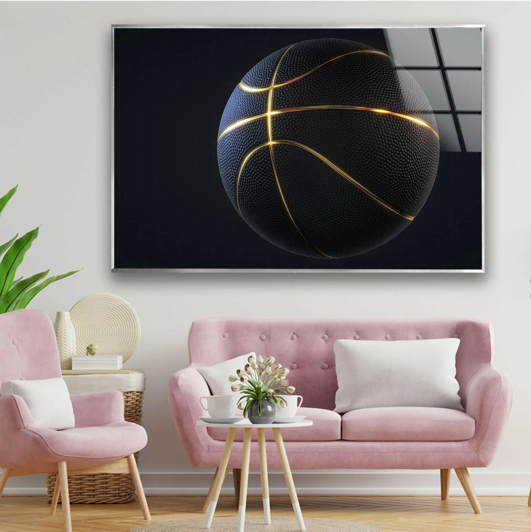 Contemporary basketball artwork featuring a floating ball with metallic gold seams on glass.