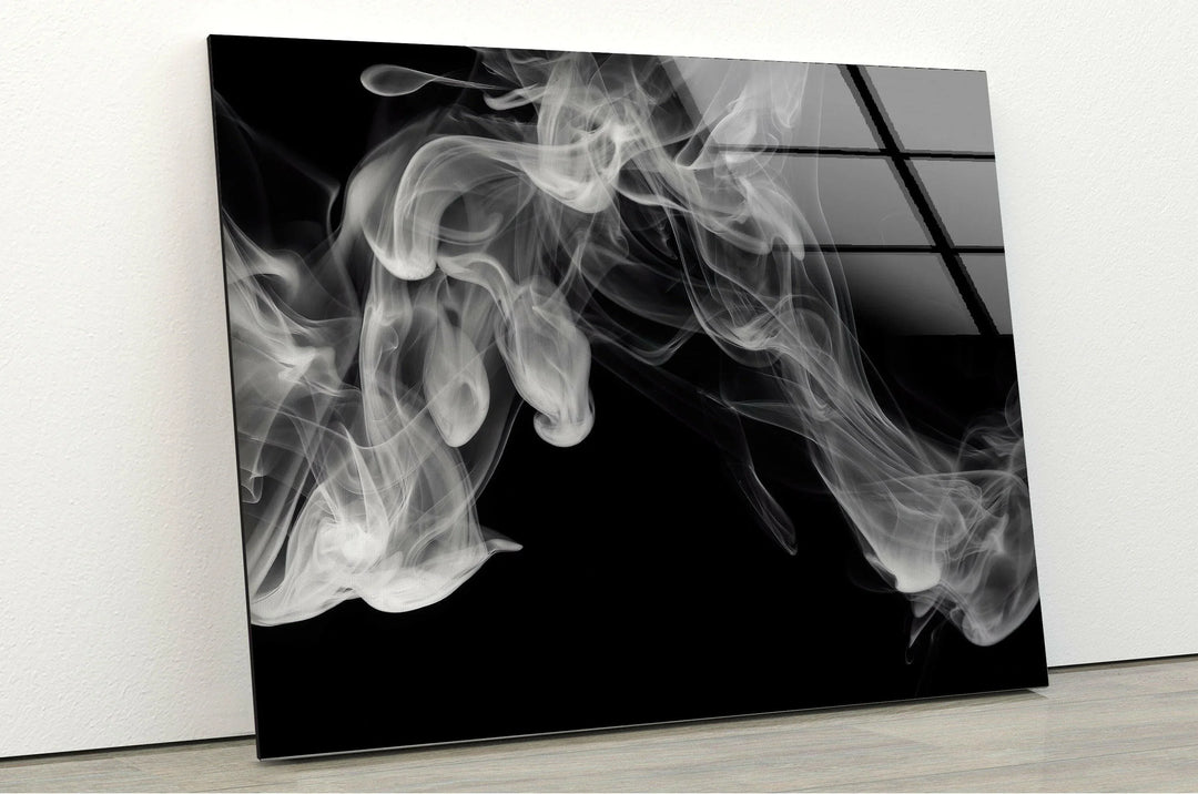 Dreamy monochrome smoke waves on glass wall art with smooth, ethereal flowing textures.