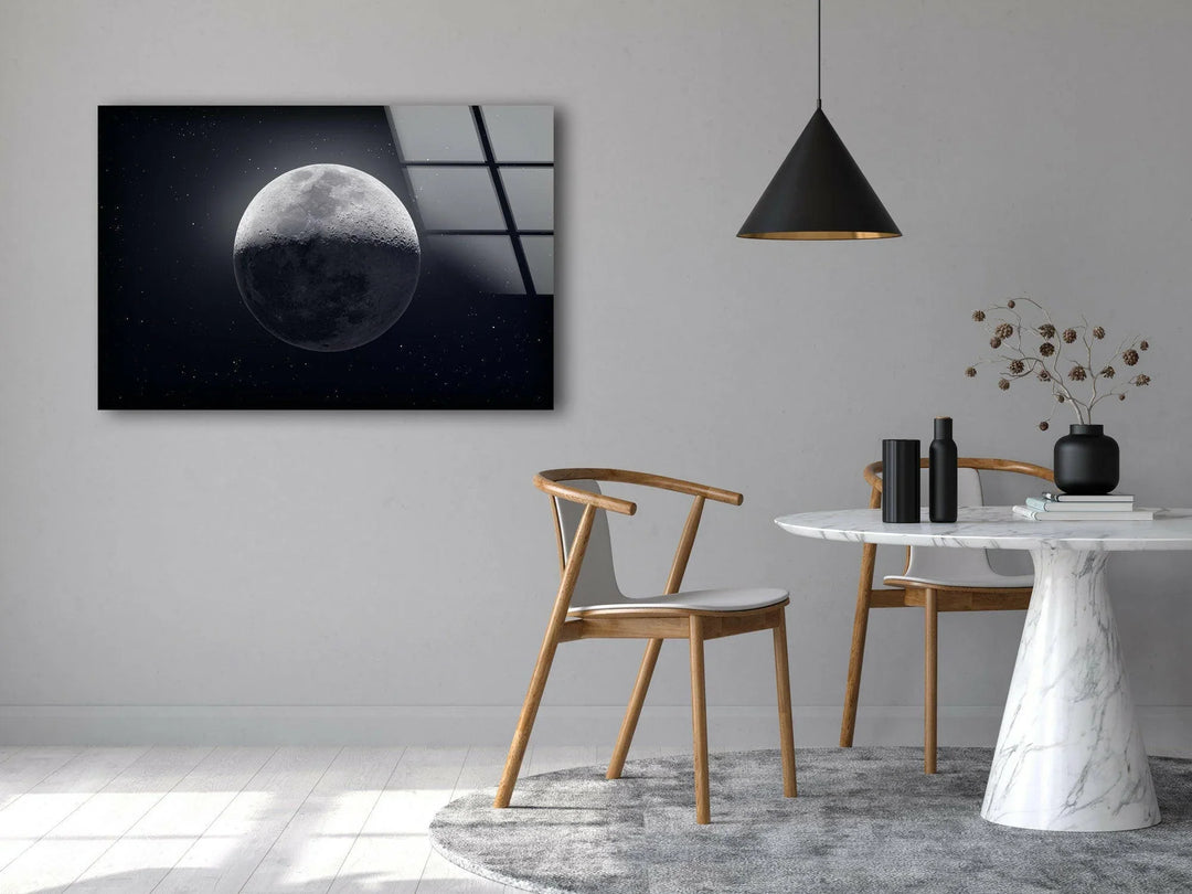 High-resolution moon surface with celestial backdrop displayed on glass wall décor.