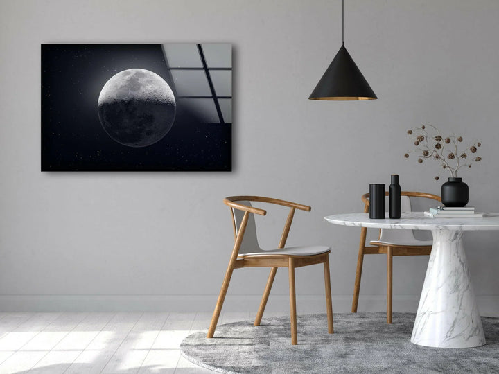 High-resolution moon surface with celestial backdrop displayed on glass wall décor.