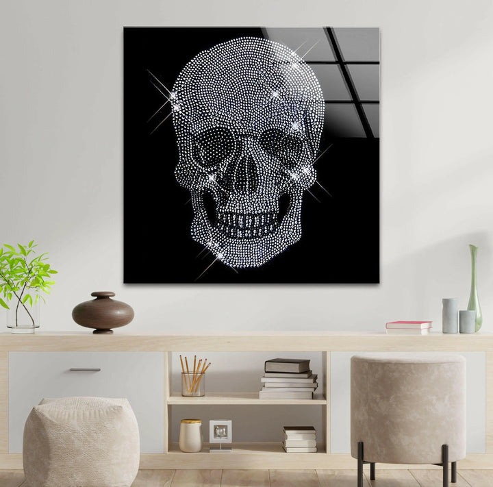 Elegant crystal skull artwork on glass showcasing intricate stone texture and luminous highlights.