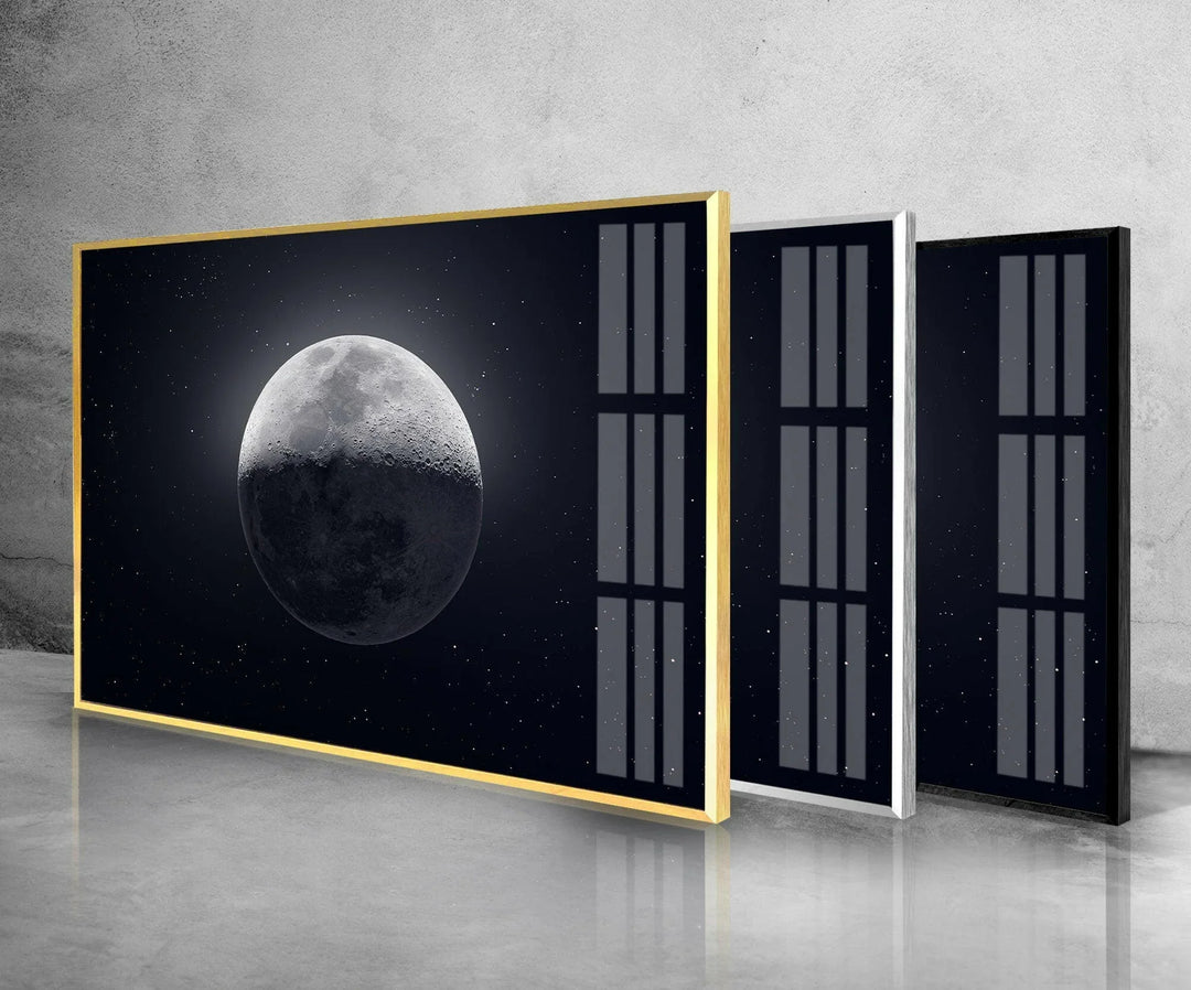 Minimalist moon phase design on tempered glass with a dark atmospheric sky.
