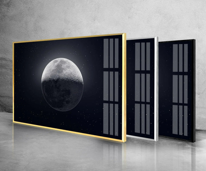 Minimalist moon phase design on tempered glass with a dark atmospheric sky.
