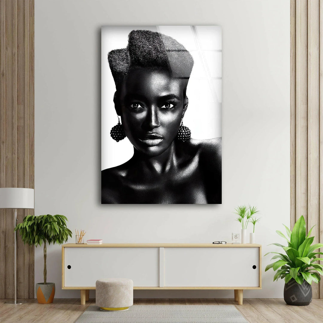 Modern black and white wall decor showcasing a confident woman with detailed facial features.