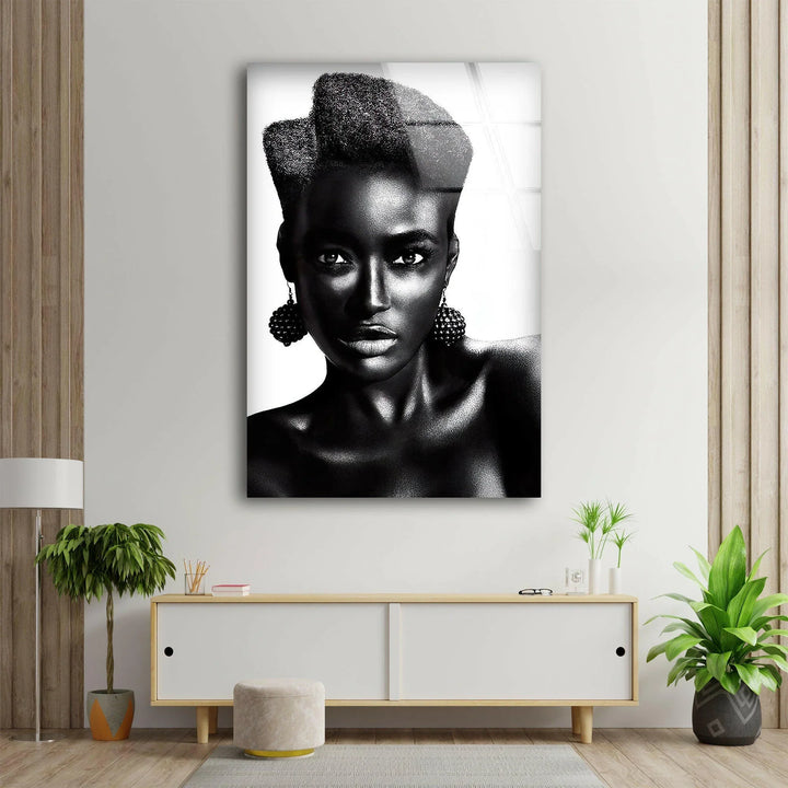 Modern black and white wall decor showcasing a confident woman with detailed facial features.