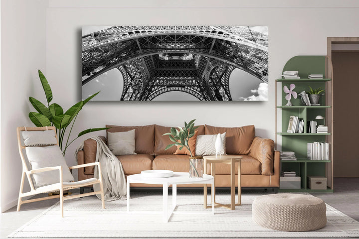 Detailed black and white architectural scene focusing on the Eiffel Tower’s structural patterns.