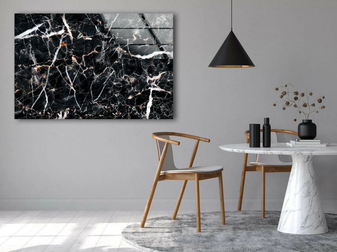 Decorative black marble panel with crisp white veins in a polished glass finish.