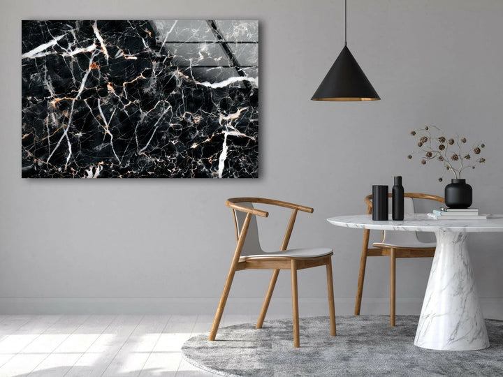 Decorative black marble panel with crisp white veins in a polished glass finish.